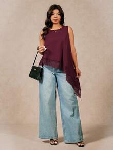 Juhart Plus Size Women's Lace Patchwork Halter Neck - Burgundy - View 6
