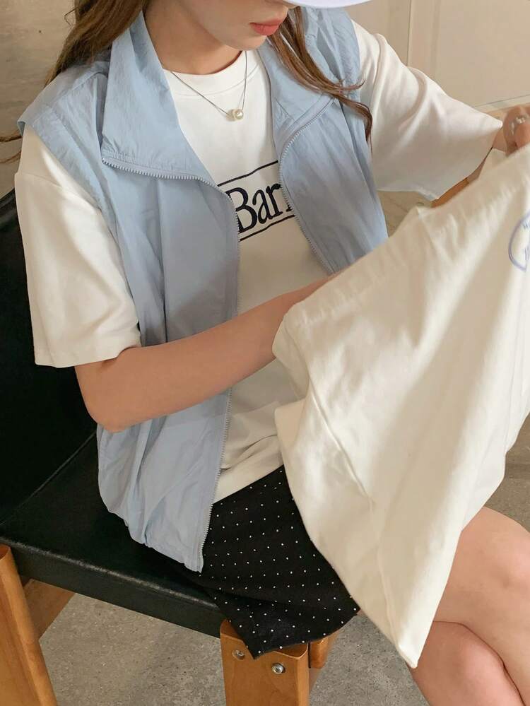 Women's Loose Solid Color Turndown Collar Sleeveless Jacket With Drawstring And Zipper, Casual Sports Vacation Summer Vest