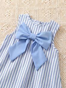 Young Girl Blue & White Striped Butterfly Ruffle Trim Short Sleeve Pink Casual Dress, Fashionable Everyday Wear For Infants, Spring/Summer Resort - Blue - View 2