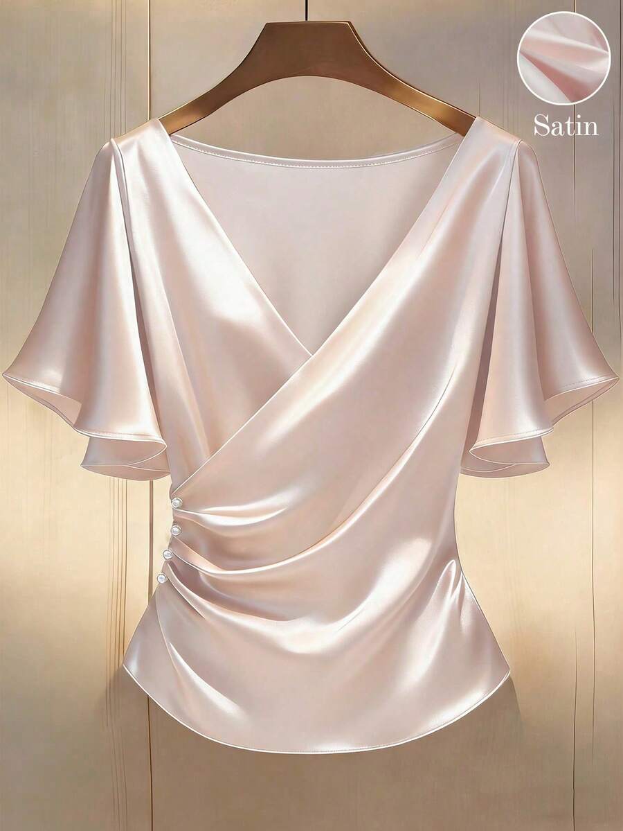 Franclia Blusa de satén elegante, blusa de manga corta, blusa de cuello en V, blusa casual - Rosa - Ver 1