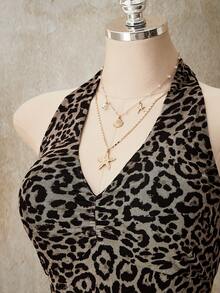 SHEIN ICON Plus Size Women's Retro Y2K Sexy Leopard Print Ruffle Hem Chest Pleated Halter Neck Tie Camisole - Multicolor - View 9