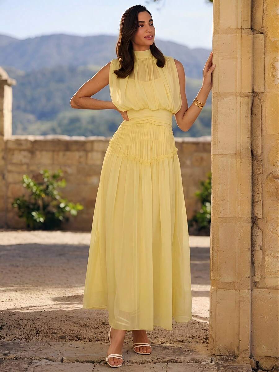 Enchnt Spring/Summer Romantic Women's Pink Sleeveless Chiffon Maxi Dress,Sweet&Elegant For Vacation&Date&Holiday&Going Out,Spring Outfit Women