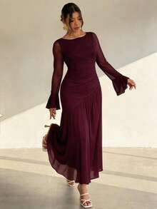 Feyla Plus Size Women Solid Color Round Neck Ruffle Mesh Long Sleeve Elegant Dress - Purple - View 5