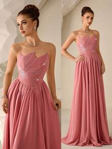 Coutiva 女士珍珠雪纺缀饰正式晚礼服（重工刺绣） - 西瓜粉 - 查看 2