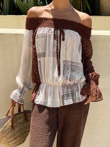 Livesso Women's Polka Dot Print Off-Shoulder Contrast Color Casual Long Sleeve Shirt Boho Vacation Outfits Women - Coffee Brown - View 6