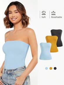 SHEIN BASICS 女士简约纯色紧身抹胸上衣，夏季 - 藍色 - 查看 8