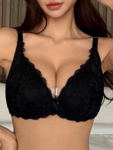 Livesso Sujetador negro con tirantes de espagueti ajustables, con parches de encaje y relleno mínimo, lencería de mujer para el verano - Negro - Ver 8