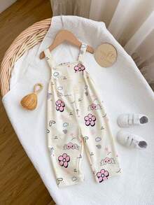 SHEIN Newborn Baby Girl Cute Floral Pattern Bib Jumpsuit, Suitable For Autumn/Winter - Multicolor - View 3