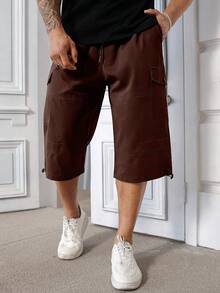 Manfinity Homme Plus Size Men's Solid Color Casual Knee-Length Shorts - Brown - View 3
