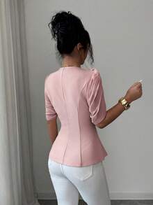 SHEIN Elenzya Áo blazer nữ thanh lịch, lãng mạn, dáng ôm sát, cổ chữ V, xếp ly và thắt eo. - Bụi hồng - Xem 2