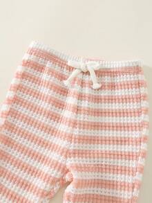 SHEIN 2 piezas Conjunto de niña bebé de verano casual con blusa de manga corta a rayas y pantalones de cintura elástica - Rosa - Ver 5