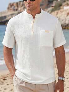 Manfinity Homme Men's Solid Colour Patch Pocket Summer Casual Multifunctional Short-Sleeve Shirt Men's Beach Linen Shirt - White - View 3