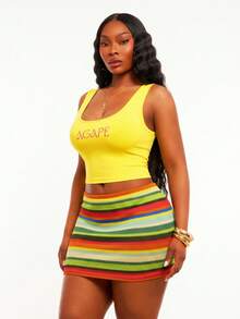 SHEIN SXY Plus Size Yellow Summer 80s Fancy Dress Holiday Pride Month Women's 2-Piece Set,Letter Print U-Neck Tank Top & Colorful Textured Knit Short Skirt - Multicolor - View 6