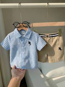2pcs Baby Boy Horse Pattern Lapel Short Sleeve Cardigan And Elastic Waist Shorts Set - Multicolor - View 9