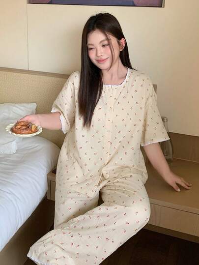 Dazy Plus 大码女式甜美樱花印花滚边宽松长袖上衣和裤子睡衣套装，可爱春夏睡衣