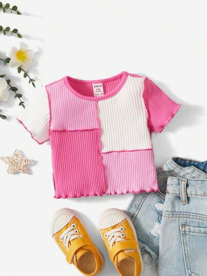 SHEIN Đứa bé gái Khối màu Ren Mộc nhĩ Đồ đan Ribbed Áo thun