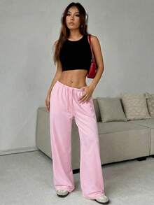 CovetEZ Women's Soft Knit Light Pink Casual Pants, Spring/Summer Wide Leg Sweatpants Comfy Pants Pink Sweatpants - Baby Pink - View 5