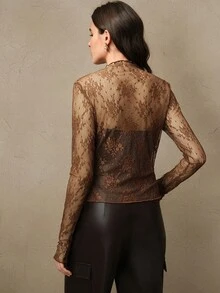 Anewsta Blusa elegante de mujer con transparencias de encaje y agujero para el pulgar, adecuada para fiestas y vacaciones - Marrón Chocolate - Ver 2