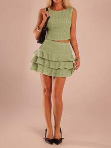 SHEIN Forever 21 Conjunto de 2 piezas de top de punto sin mangas liso y falda, moda minimalista para mujer - Verde - Ver 5