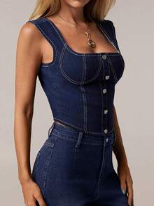 SHEIN Forever 21 夏季/乡村音乐会/乡村音乐会/茶会/优雅/音乐会/休闲女士/夏季/蓝色牛仔上衣 - 藍色 - 查看 3