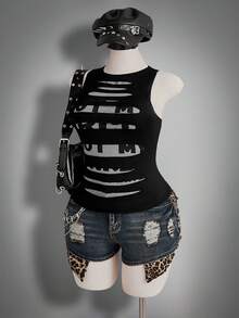 SHEIN ICON 大码极简印花圆领无袖背心 - 黑色 - 查看 6