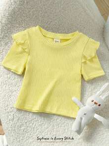 Cozy Pixies Baby Girl Solid Color Soft Knit Round Neck Ruffle Trim Short Sleeve Pullover Top - Mustard Yellow - View 5