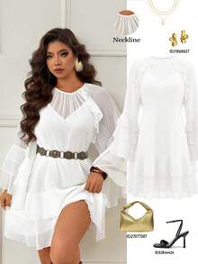 SHEIN Clasi CURVE 大码纯色圆领褶皱网纱拼接长袖连衣裙 - 白色 - 查看 3
