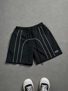 Manfinity LEGND Men's Striped Contrast Trim Drawstring Waist Casual Sports Shorts - Black - View 3