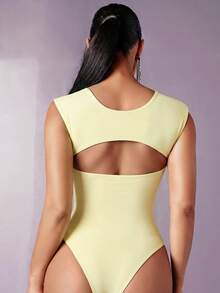 Silquee Body moulant sexy à col carré et dos nu pour femmes, couleur unie - Jaune clair - Voir 4