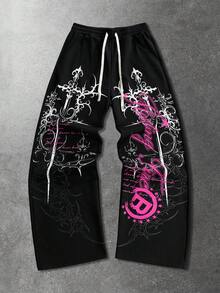 ROMWE MEN Goth Men's Street Fashion Printed Drawstring Pocket Sweatpants - Black - View 2