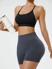 SHEIN Sports Damen nahtlose geraffter grauer Sportshorts - Dunkelgrau - Übersicht 4