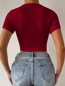 INAWLY Solva Camiseta casual de mujer con fruncido delantero y cordón - Burdeos - Ver 2