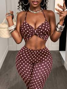 BamGleam 女士波点印花褶皱露背短款上衣和七分裤两件套 - 棕色 - 查看 6