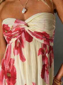TRNVIE Romantic Pleated Floral Print Twist Front Mini Dress, Suitable For Spring/Summer Vacation - Apricot - View 6