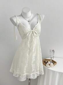 Elamini 女士蕾丝拼接系带Y2K连衣裙 - 杏色 - 查看 3