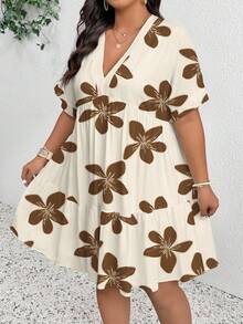 SHEIN Frenchy Brown Color Block Floral Plus Size Women Holiday Ruffle Hem Dress - Multicolor - View 5