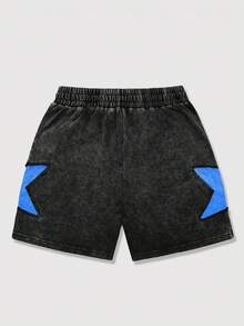ROMWE MEN Street Life Teens (Boys) Colorblock Five-Pointed Star Print Shorts - Black - View 2