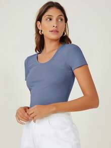 SHEIN BASICS Áo thun tay ngắn, màu trơn, vai thường, ôm dáng, thoải mái, thích hợp cho mùa hè. - Màu xanh bụi bặm - Xem 4