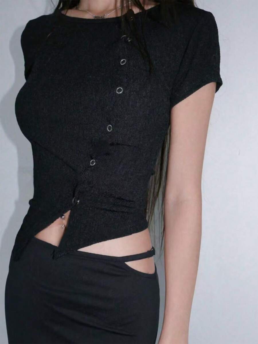 DAZY Women Solid Color Casual Oblique Placket Short Sleeve Fitted T-Shirt Y2k - Black - View 1