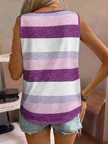 EMERY ROSE Camiseta de tirantes de mujer talla grande con diseño de rayas y parches, uso diario minimalista - Multicolor - Ver 2