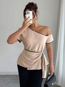 Elenzga Plus Size Women Elegant Asymmetric Hem Patchwork Color Block Short Sleeve Blouse - Apricot - View 4