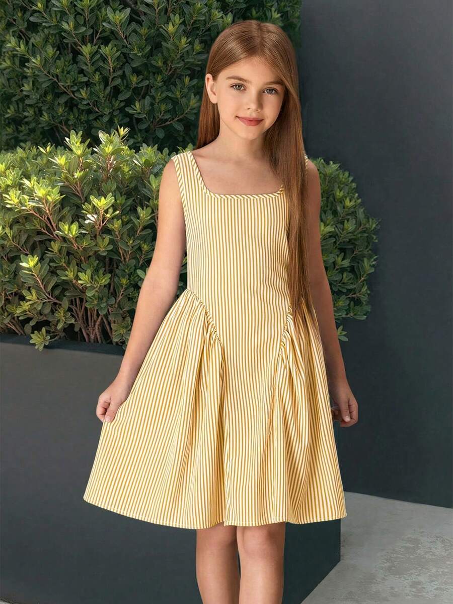 Firerie Kids Firerie Kids 少女新款休闲欧美风优雅露肩条纹系带蝴蝶结装饰A字迷你连衣裙,假日穿着尽显优雅 - 黃色 - 查看 1
