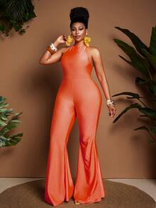 Maweii Plus Size Coral Orange Backless Sexy Halter Design Floral Decor High Waist Jumpsuit, Vacation Style - Coral Orange - View 7