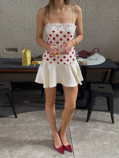 Serisse Đầm mini không tay bằng vải satin họa tiết chấm bi cổ điển thanh lịch dành cho nữ mùa hè, phối lưới và thêu họa tiết.