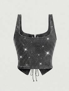 SHEIN MOD 大码女式水钻镂空系带无袖牛仔上衣 - 黑色 - 查看 5
