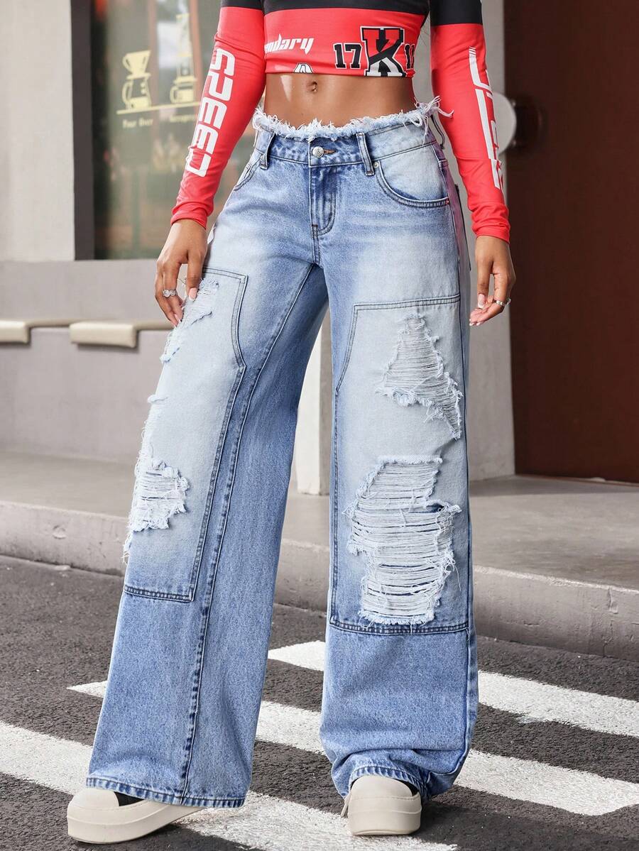 Jeanoix Jeans de pierna ancha con efecto desgastado y tiro bajo - Azul - Ver 1