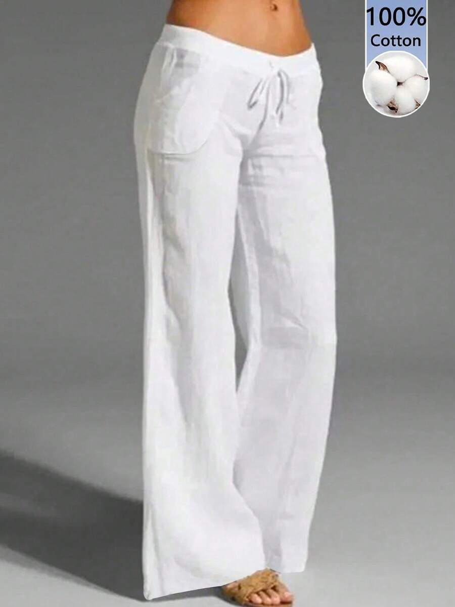 EMERY ROSE Women's Casual French Style White Linen-Like Textured Flowy Soft Pocket Pants, Spring/Summer - White - View 1