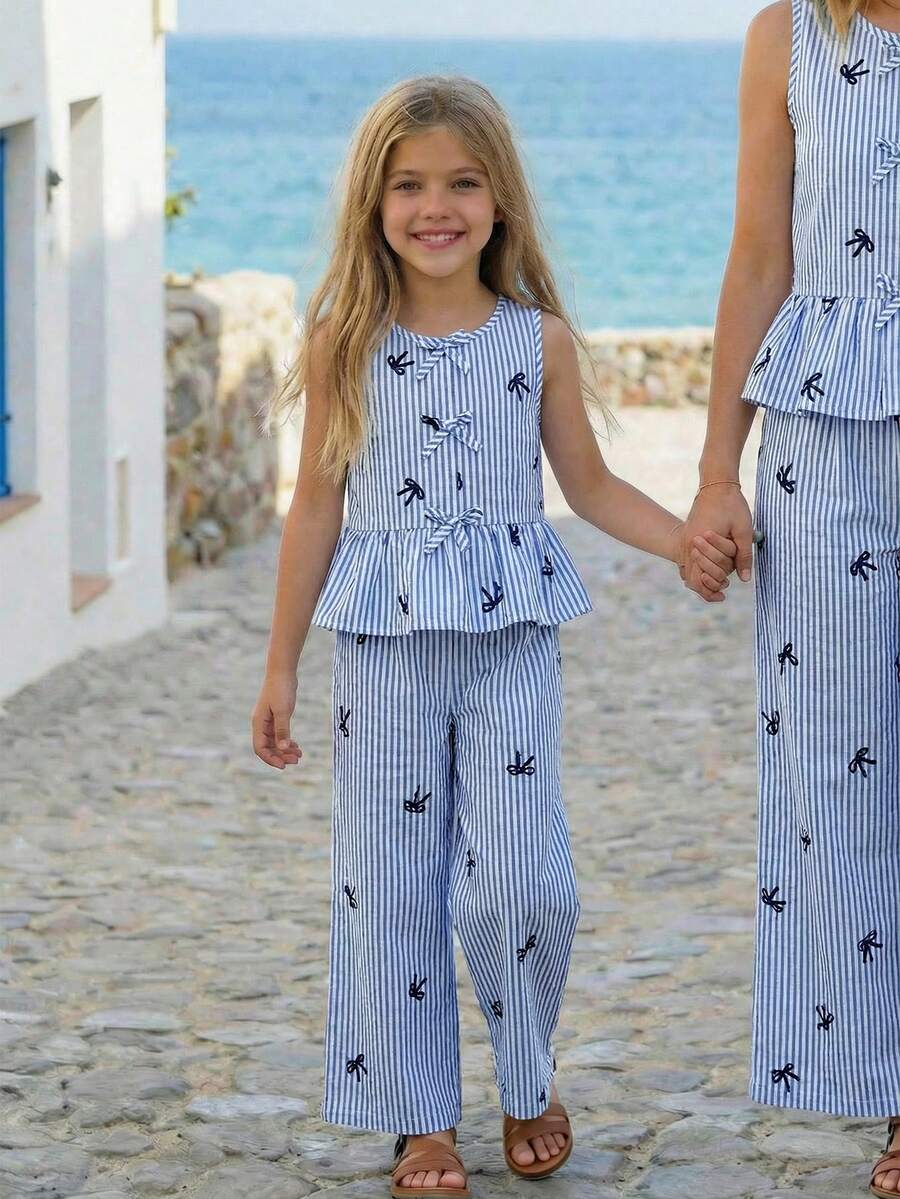 Emery Rose Kids Emery Rose Kids 两件套少女格子圆领修身休闲上衣和宽松休闲裤套装 - 藍色 - 查看 1