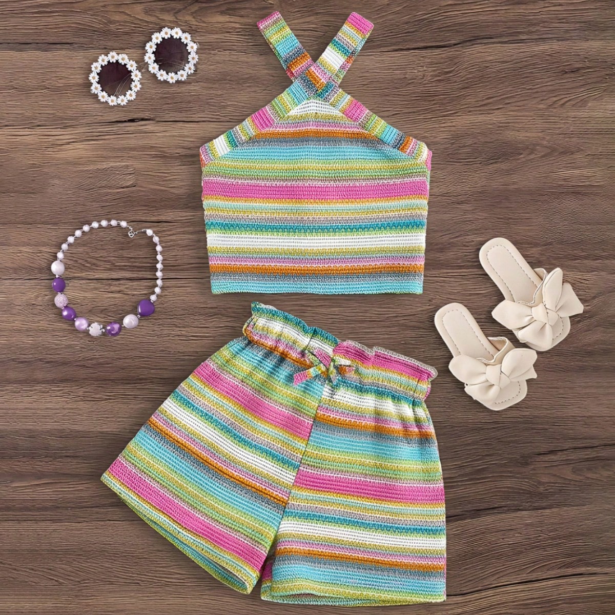 Piezas Conjunto de top sin mangas y shorts de unicolor tejido para niña