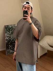 DAZY Men's Summer Solid Color Oversized Crewneck Drop-Shoulder Short Sleeve Casual T-Shirt - Brown - View 5